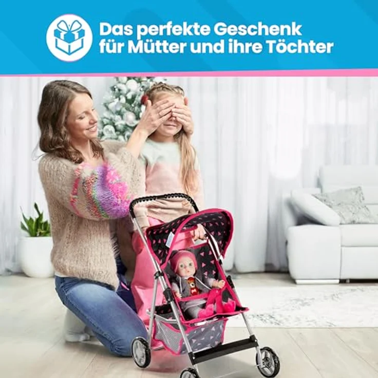 Kinderplay Puppenwagen, Puppen Buggy Kinderwagen, Buggy mit Anschnallgurt und Einkaufsnetz - Babyspielzeug, Modern, Leichtgängiger Räder und weichem Soft-Griff, KP0280R – Bild 5