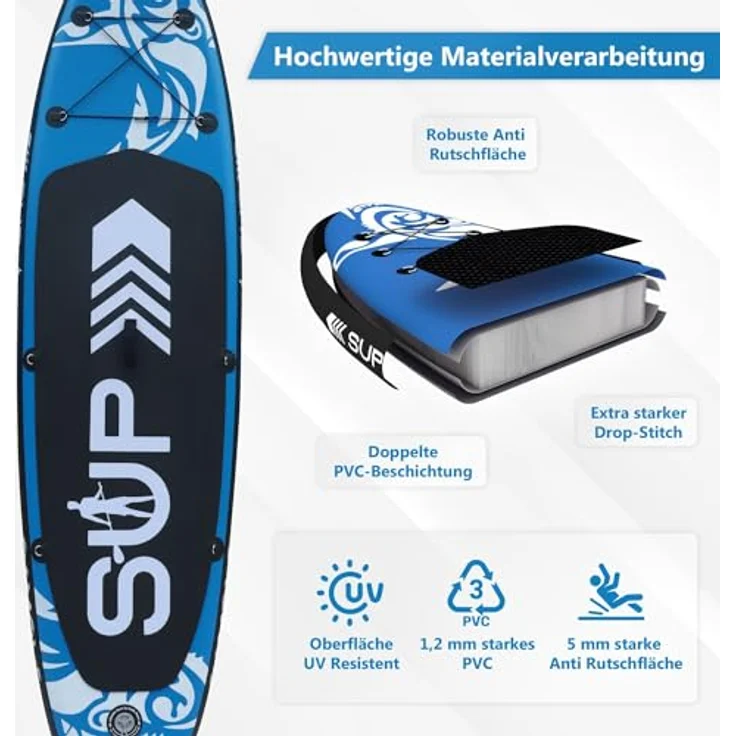 24MOVE® Sup Board Set, Premium aufblasbares Stand Up Paddle Board, Yoga Board, Action Cam Ready, inkl. Zubehör, Doppelhub Pumpe, Anti-Rutsch, blau, 320x80cm, bis 150kg – Bild 4