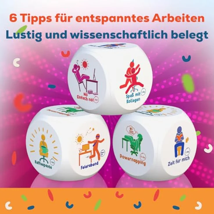GLÜCKSGUT® Anti-Stress-Würfel Cubizin, 2er Pack mit 6 lustigen Motiven, inkl. Geschenkbox und Anleitung für Stressabbau im Büro – Bild 3