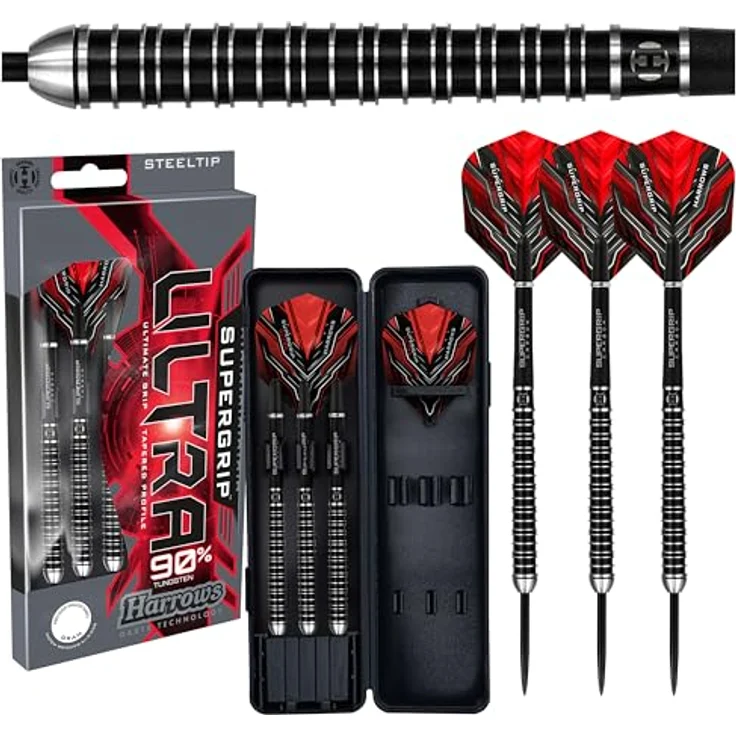 Harrows SUPERGRIP Ultra Darts-Set, 10-teilig mit 90% Wolframstahlspitze, inkl. Supergrip-Carbonschäfte und Supergrip-Flights, erhältlich in 21 g - 30 g – Bild 1