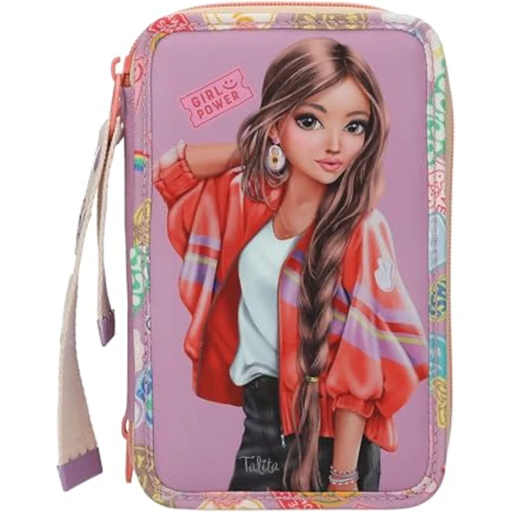 Depesche 13283 TOPModel Girl Power - Gefüllte 3-Fach Federtasche in Lila, mit Model Motiv und bunten Batches, Federmappe mit Buntstiften, Schere, Lineal uvm. – Bild 1