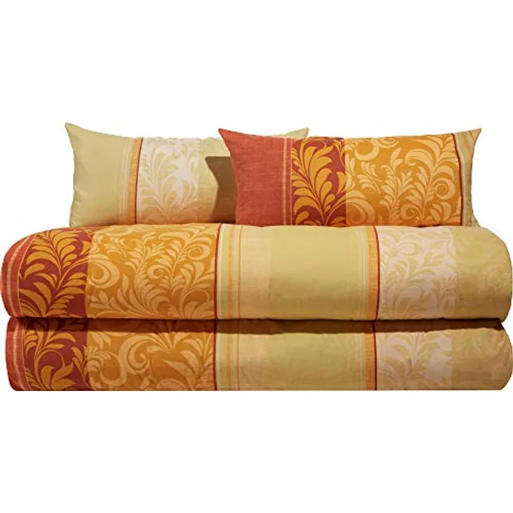 Erwin Müller Flanell Bettwäsche, Bettgarnitur mit eleganten Ranken gelb-orange, Größe 135x200 cm (40x80 cm) - temperaturausgleichend, mit Reißverschluss, 100% Baumwolle (weitere Größen)