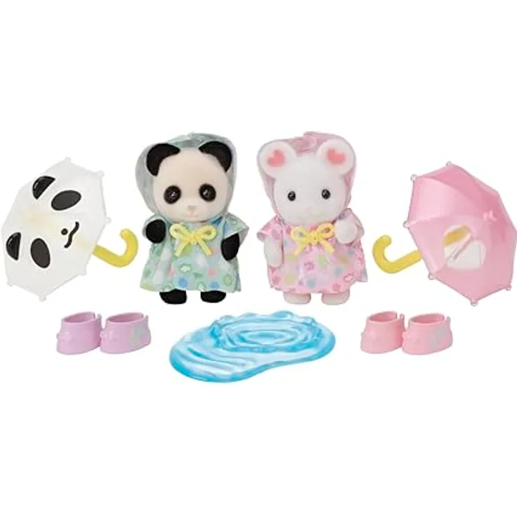 Sylvanian Families 5748 Erlebniskindergarten Freunde “Regenwetter”, Spielfigurenset mit 2 Baby Figuren, Regenmanteln, 2 Regenschirmen und Wasserpfütze