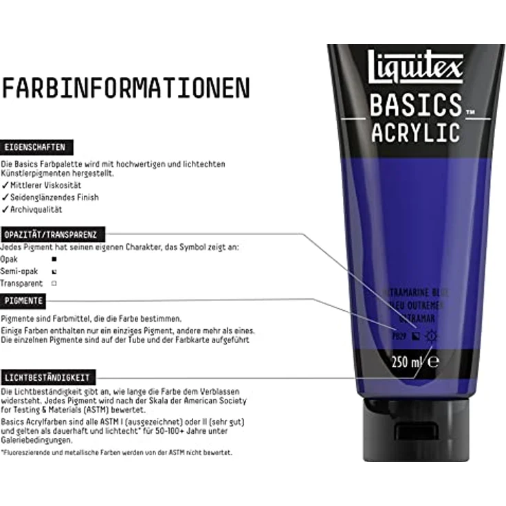 Liquitex Basics 88700228 Acrylfarbe, monopigmentierte Künstlerpigmente, lichtecht, mittlere Viskosität, Archivqualität, seidenglänzender Finish, 250ml Tube - Ultramarinblau – Bild 3