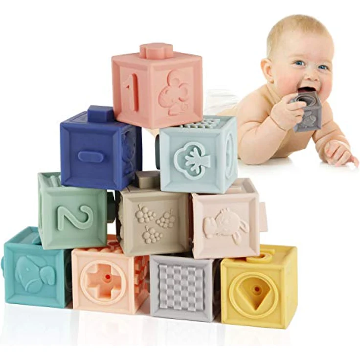 Mini Tudou Baby Bausteine Spielzeug Stapelwürfel Bauen Motorikspielzeug Baby Beißring,Lehrreich Lernspielzeug mit Zahlen Tiere Formen Texturen ab 6 Monate 12 Stück – Bild 2