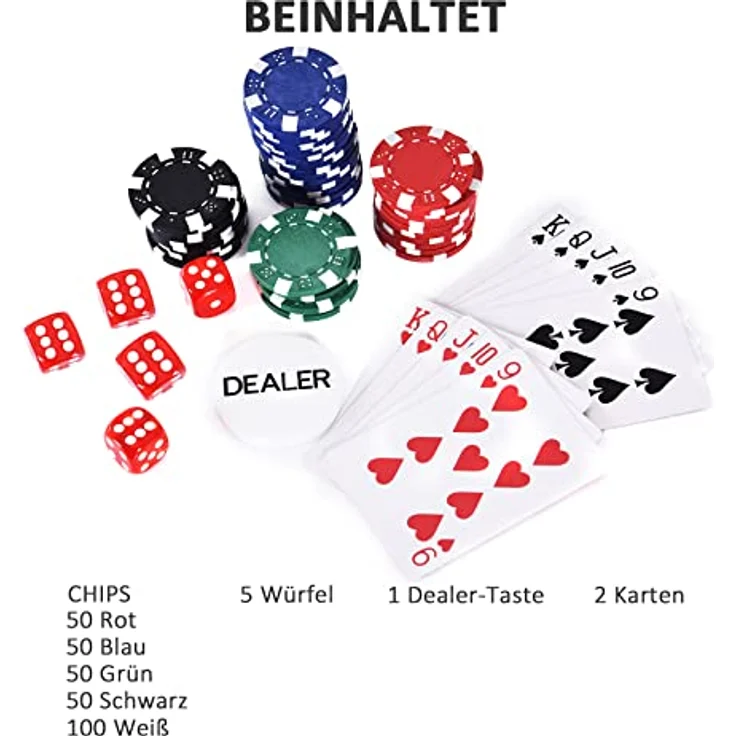 HOMCOM Pokerkoffer Pokerset 200 Pokerchips 2xKartenspiel 5xWürfel 1xAlukoffer Poker Set Jetons Koffer Alu+ Polystyrol 29,5x20,5x6,5 cm – Bild 5