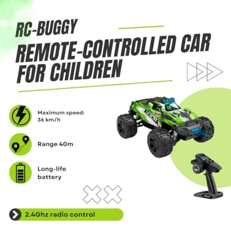 COIL RC-Buggy - Ferngesteuertes 4x4 Allrad Geländewagen, 1:18 Maßstab, 36 km/h Hochgeschwindigkeits-Offroad-Rennauto, 2,4 GHz, Robustes Spielzeugauto mit LED-Lichtern- Grün – Bild 2