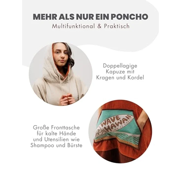 Wave Hawaii Badeponcho Campeche, Velours Poncho mit saugfähigem Frottee, warme Kapuze und große Fronttasche – Bild 5