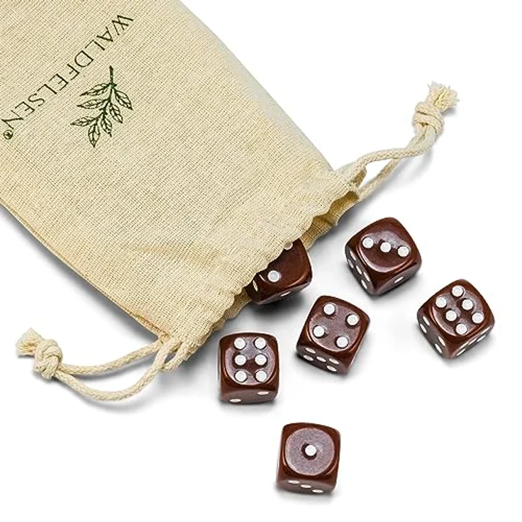 Waldfelsen Standardgröße 16 mm Acrylwürfel Set, 6-seitige Knobelspielwürfel in Braun, 6 Stück mit Stoffbeutel – Bild 2