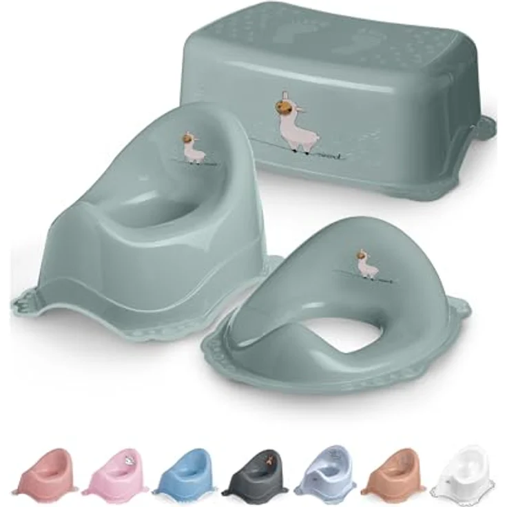 DOCARI Kinder Töpfchen Set 3 in 1, grün Lama – stabil, rutschfest und hygienisch, ideal für das Töpfchentraining mit Lerntöpfchen, Toilettenaufsatz und Hocker – Bild 1
