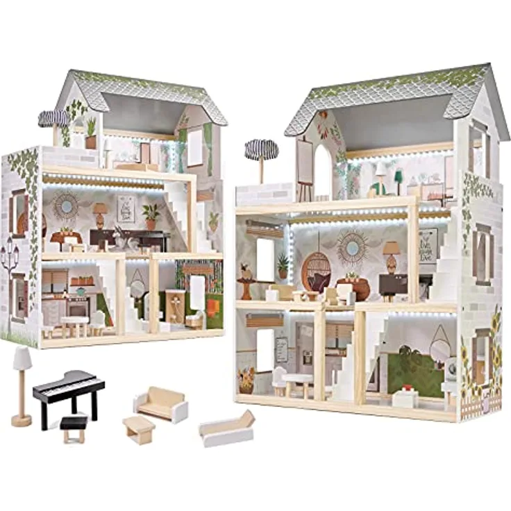 ikonka Puppenhaus aus Holz, 3 Etagen mit 4 Zimmern und Terrasse, komplett möbliert mit LED-Beleuchtung, B62 x H78 x T26,5 cm