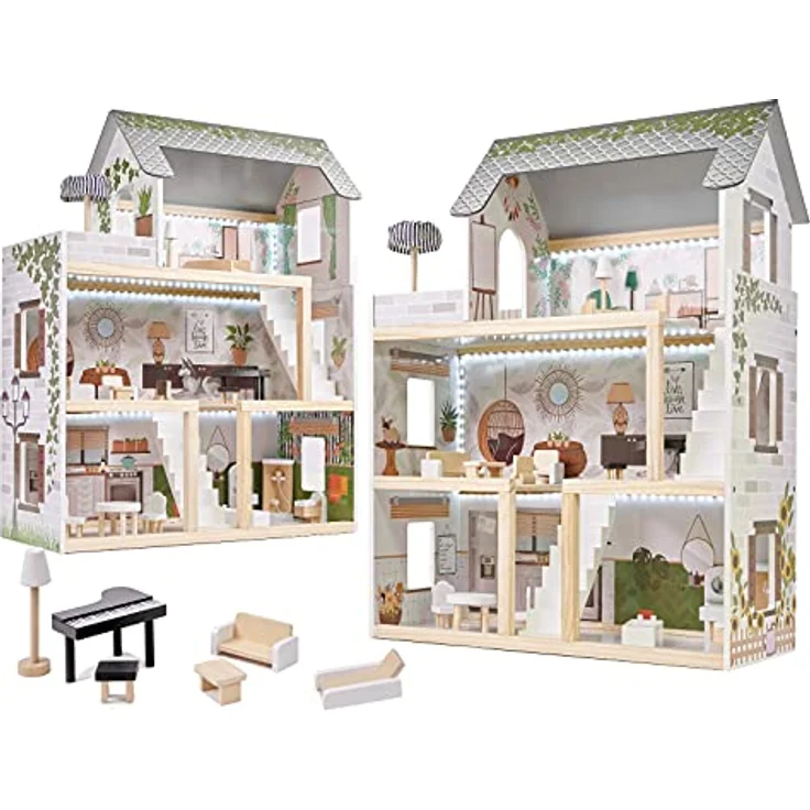 ikonka Puppenhaus aus Holz, 3 Etagen mit 4 Zimmern und Terrasse, komplett möbliert mit LED-Beleuchtung, B62 x H78 x T26,5 cm – Bild 1