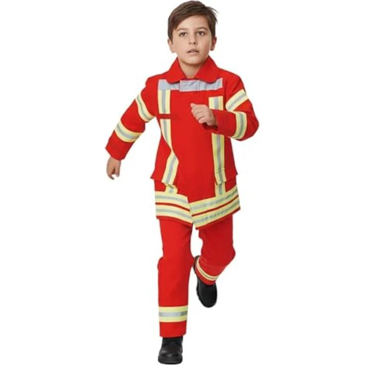 Maskworld Realistisches Feuerwehrmann-Kostüm für Kinder, rote Jacke & Hose, Größe 104, ideal für Karneval & Geburtstagsparty – Bild 4