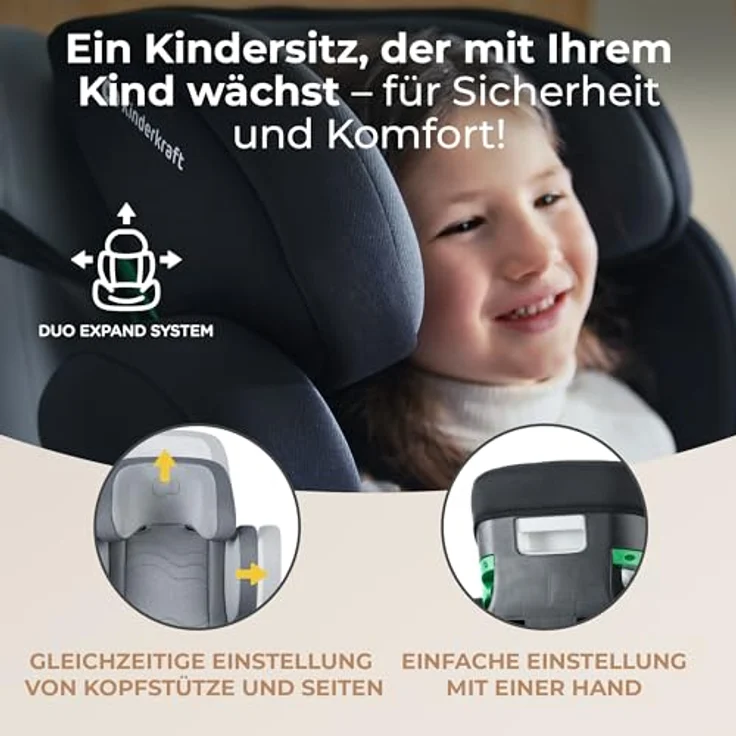 Kinderkraft XPAND 2 i-Size Kindersitz 100-150 cm, Kinderautositz, Höchste Sicherheitsstandards, Einfacher Montage mit ISOFIX, Hochwertige Materialien, Einstellung der Kopfstütze und Breite, Grau – Bild 4