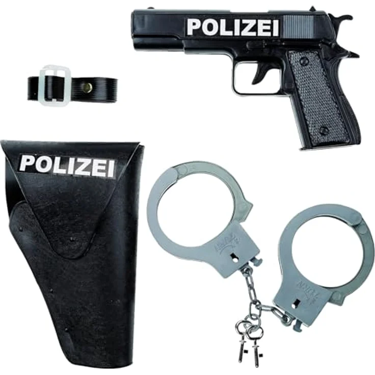 Idena Polizei Set 8040007, Spielzeugpistole, Halfter, Handschellen, Kostümzubehör für Karneval und Mottopartys – Bild 2