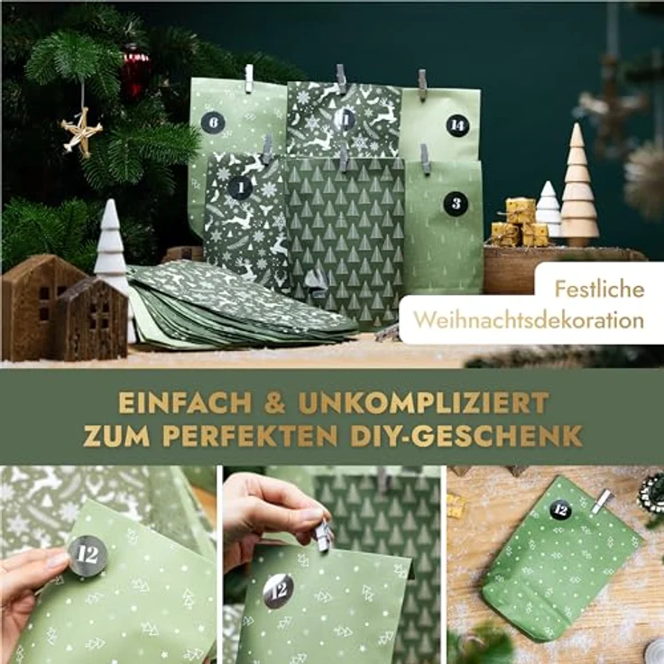 Amari Adventskalender zum Befüllen - 24 Papier Adventstüten (mit Holzklammern) zum Basteln für Weihnachten - Midnight Green – Bild 5