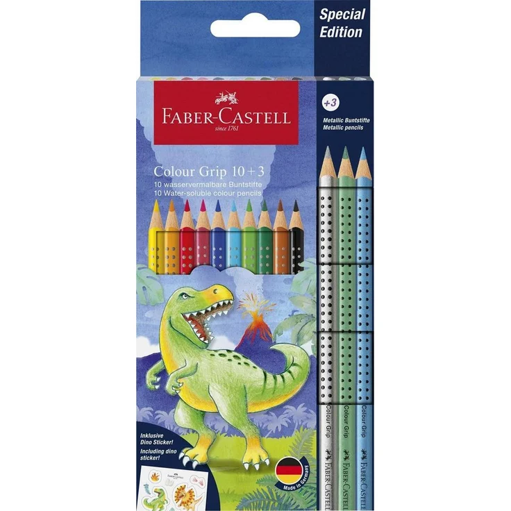 Faber-Castell Buntstift Buntstifte Jumbo GRIP Dino - 10+3 Farben, Kartonetui inkl. Dinosticker, Colour Grip Buntstifte mit T-Rex Motiv und metallic Effekt – Bild 1