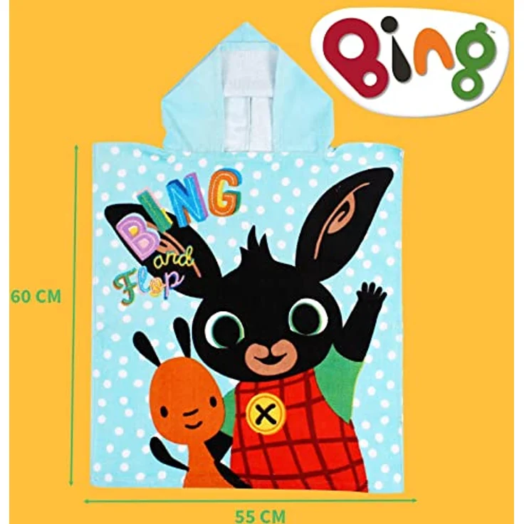 Kinder Badeponcho Strandponcho mit Kapuze Bing Bunny vorne Bing Flop und hinten Sula 50x115 cm, blau mehrfarbig, 100% Baumwolle – Bild 3