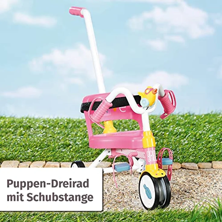 BABY born Zapf Creation 835456 Puppenzubehör für 43cm Puppen, Dreirad mit Stange, Hupe, Schlaufen und Sicherheitsgurt in rosa und weiß – Bild 2