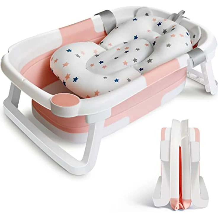Baby Badewanne Faltbare Babybadewanne Kinder, Neugeborene Baby-Plastikbadewanne mit faltbaren Anti-Rutsch-Beinen Zusammenklappbare Badewanne für das Baden von Kleinkindern | Rosa und Weiß – Bild 2