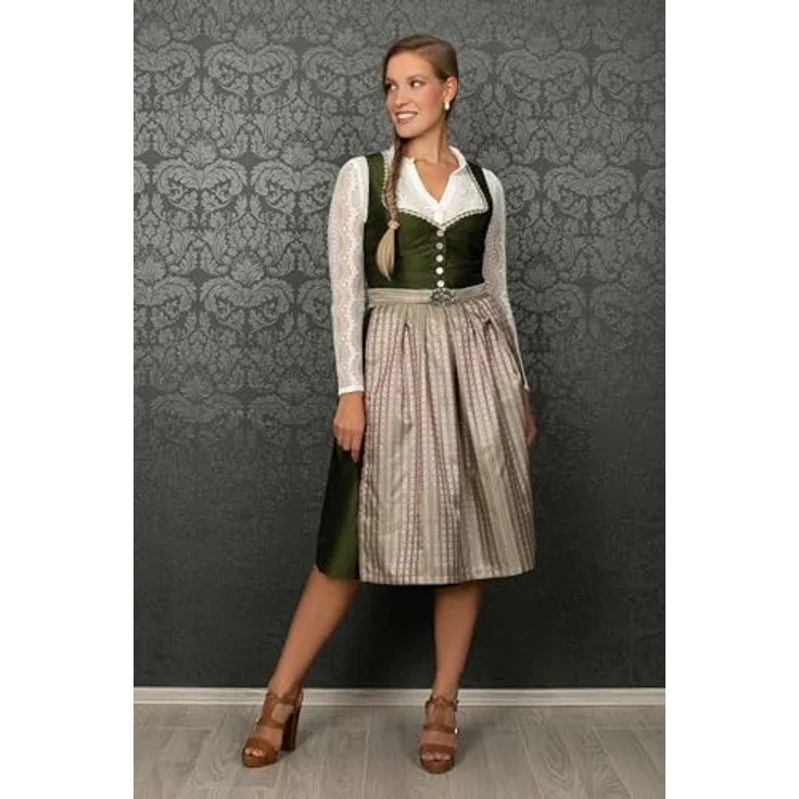 Edelnice Dirndl Adele, Midi Dirndl in Waldgrün und Pink mit femininem Schnitt – Bild 3