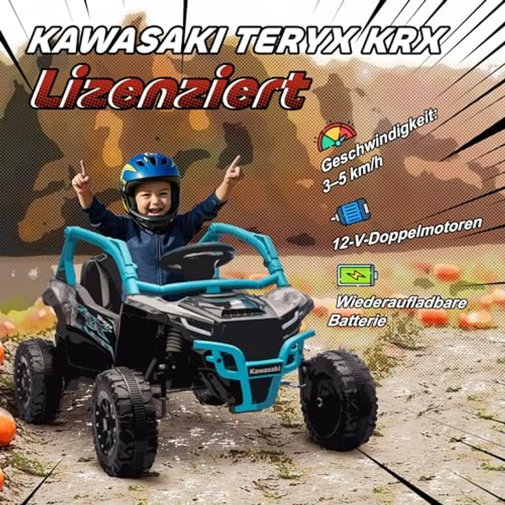 AIYAPLAY Kawasaki TERYX KRX 1000 Kinder Elektroauto 12V UTV mit 2 Motoren, 2,4 GHz Fernbedienung, Federungssystem, LED-Leuchten, Musik, Hupe für 3-8 Jahre, Blau – Bild 3