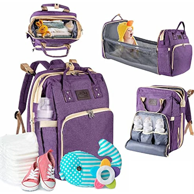 all Kids United® Baby Wickelrucksack Deluxe, multifunktionale Babytasche mit integriertem Babybett, Wickelauflage und Kinderwagen-Haken, violett – Bild 3