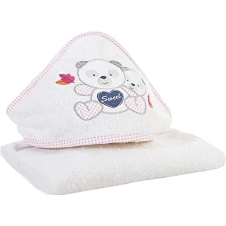 Eurofirany Baby Babyhandtuch Kapuze Weiß Rosa Handtücher Kinderhandtuch Kindermotiv Teddybär Teddy Mädchen Badezimmer Weich Süß Kuschelig, 75x75 cm