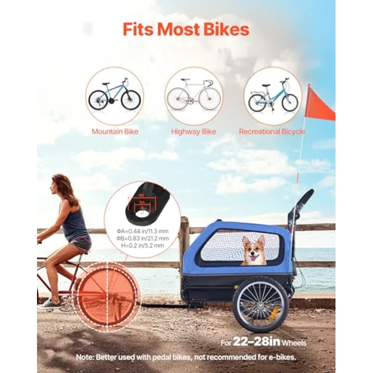 VEVOR Hundeanhänger PTS22-C, 2-in-1 Fahrradanhänger für Hunde bis 40 kg, klappbarer Rahmen, universelle Fahrradkupplung, inkl. Flagge und interner Leine, 1380x755x800 mm – Bild 2