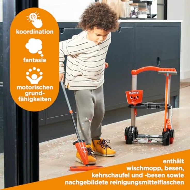 Casdon Henry Putzwagen Spielzeug, rotes Kinder-Reinigungswagen-Set mit Mopp, Besen und Kehrschaufel, geeignet für Kinder ab 3 Jahren – Bild 4