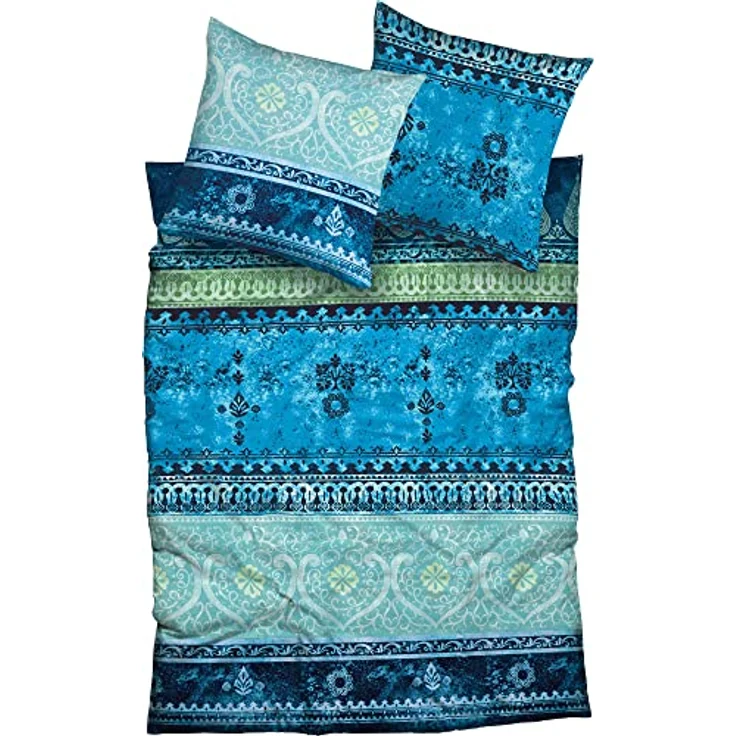 Casatex Bettwäsche Indi Biber blau-türkis mit Ornamenten und Marken-Reißverschluss – Bild 1