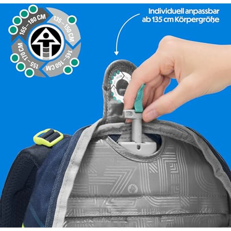 Coocazoo Porter Schulrucksack „Fast Lime”, ergonomischer & anpassbarer Tornister, schwarz-blau, höhen- & größenverstellbar mit Brustgurt & Hüftgurt, ab der 3. Klasse, 5 Fächer, reflektierend, nachhaltig aus 100% PFC-freiem Material – Bild 5