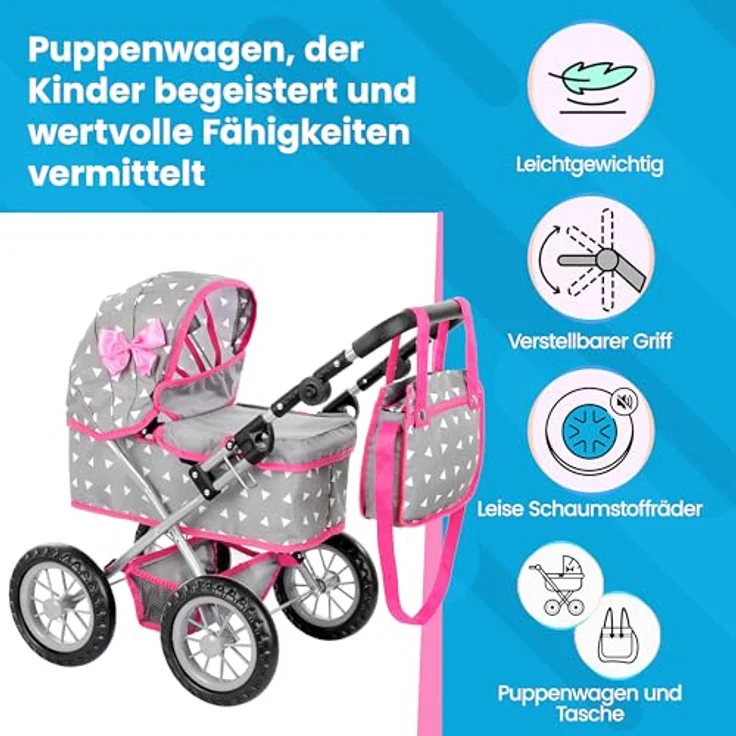Kinderplay Puppenwagen ab 2 Jahre, Puppenbuggy ab 2 Jahre - Leichte und Stabile Konstruktion, Höhenverstellbar von 33 bis 63 cm, Spielzeug ab 2 Jahre Mädchen, KP0261S – Bild 3