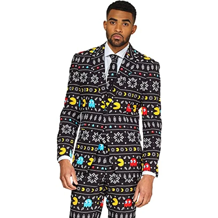 OppoSuits Winter Pac-Man, dreiteiliger Slim-Fit Anzug mit Jackett, Hose und Krawatte, komplett gefüttert, schwarz – Bild 2