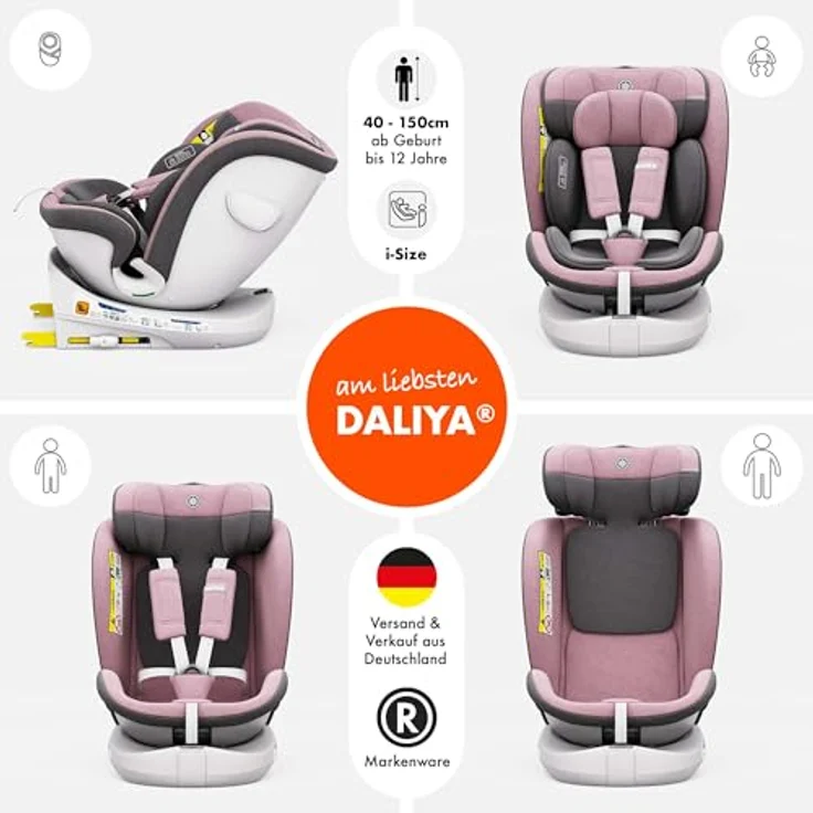 Daliya® Autokindersitz ROTAZIONE I-Size 2024, Kindersitz mit 360°-Rotation, höhenverstellbare Kopfstütze, Rosa – Bild 2