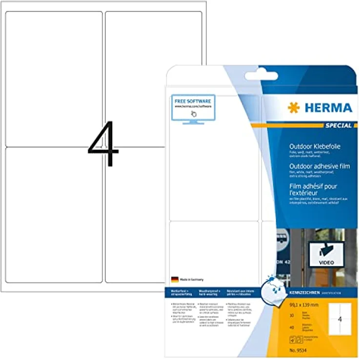HERMA 9534 Wetterfeste Folienetiketten, 320 Blatt, 99,1 x 139 mm, selbstklebend, matt, blanko, weiße Outdoor Klebeetiketten, temperaturbeständig von -40 bis +150 °C – Bild 1