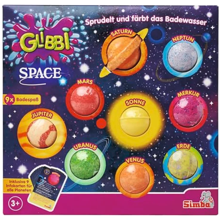 Simba Glibbi Space, 9 Badebomben inkl. Infokarten über die Planeten, Badespaß ab 3 Jahren, bunter Sprudelspaß im galaktischen Design – Bild 1