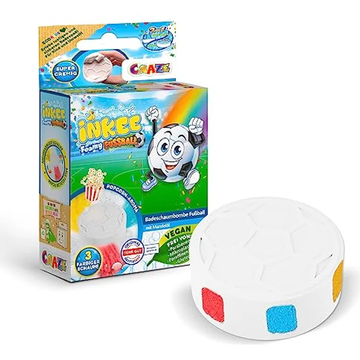 Craze INKEE Foamy Football | Fußballform Kinder Badebombe mit 3 Farben , Pop-Corn Duft , 60g