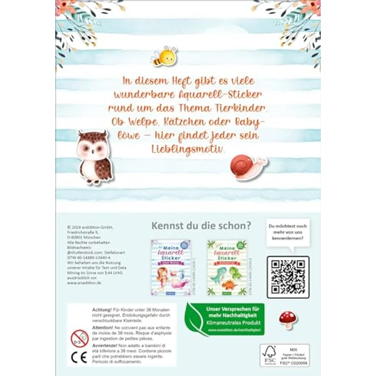 Ars Edition Sticker Meine Aquarell-Sticker - Tierkinder - über 200 Sticker, hochwertige Aquarell-Optik, ideal zum Verzieren und Dekorieren, handliches Stickeralbum – Bild 2