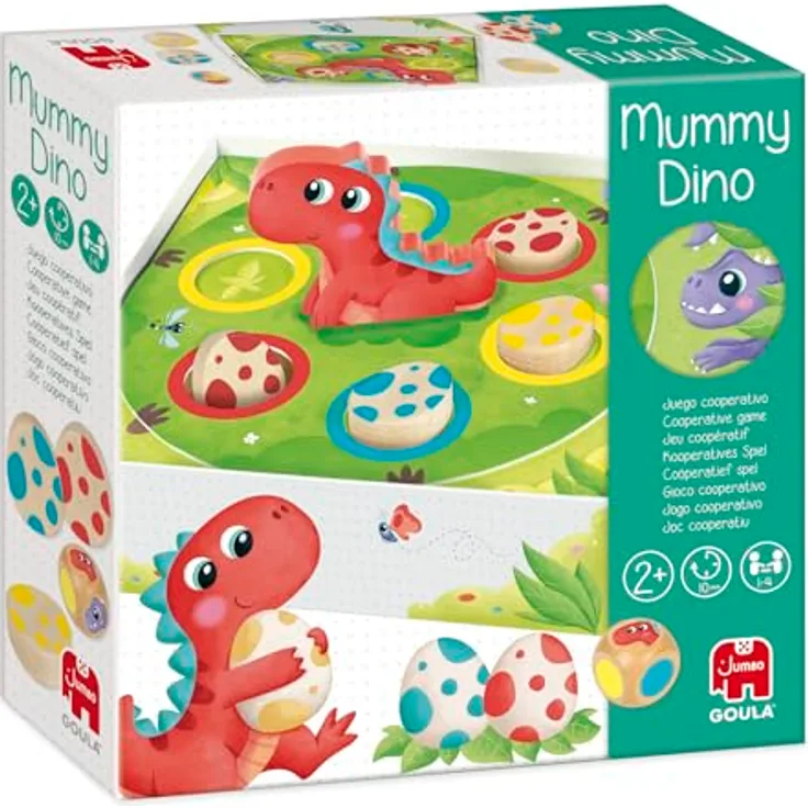 Goula Mama Dino, Gesellschaftsspiel für Kinder, kooperatives Dinosaurierspiel für 1-4 Spieler, ab 2 Jahren, mit Holzeiern und Spielbrettbox