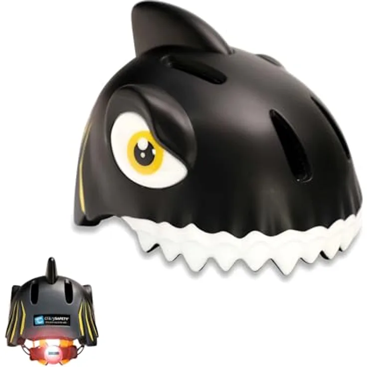 Crazy Safety Kinder Fahrradhelm 3D Tierhelm, verstellbar und leicht, für Kinder 2-7 Jahre, 49-55 cm, mit LED-Rücklicht, Hai Schwarz