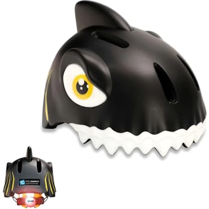 Crazy Safety Kinder Fahrradhelm 3D Tierhelm, verstellbar und leicht, für Kinder 2-7 Jahre, 49-55 cm, mit LED-Rücklicht, Hai Schwarz – Bild 1
