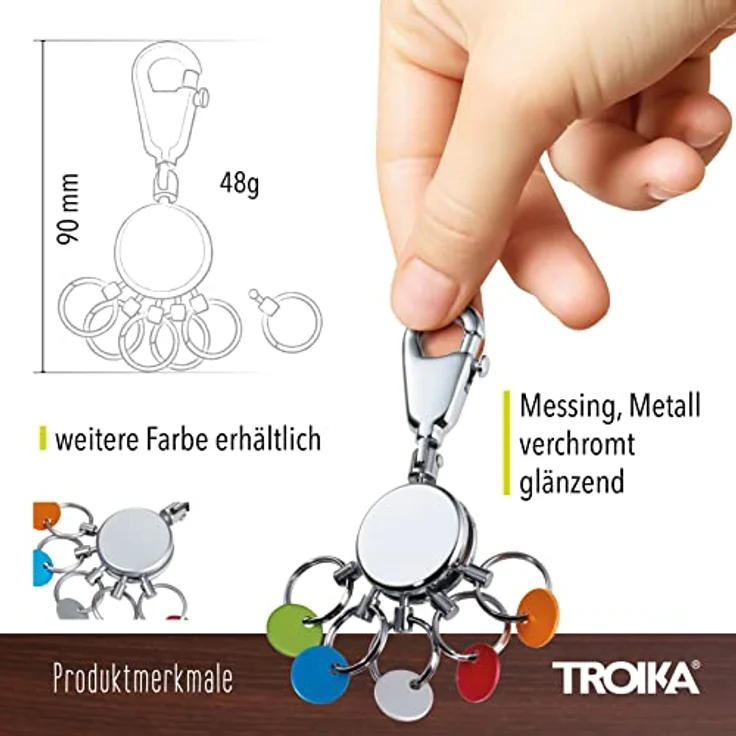 TROIKA PATENT SCHLÜSSELHALTER KYR61/CH, glänzender Schlüsselanhänger mit Karabinerhaken, 6 ausklinkbaren Ringen und farbigen Plättchen zur Schlüsselzuordnung – Bild 3