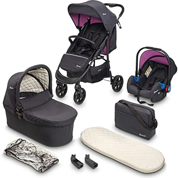 BabyGo Style 3in1 Kinder-Buggy mit Babywanne, Sportsitz und Autoschale, flexiblen Schwenkrädern und verstellbarem Sitz, Schwarz