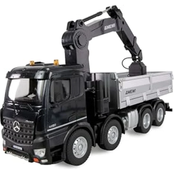 Amewi Mercedes-Benz Arocs Kranwagen mit Kipper 8x4/4 4WD, RTR Ferngesteuert, Metallic-Schwarz, mit Kippfunktion und elektrisch steuerbarem Greifer – Bild 1