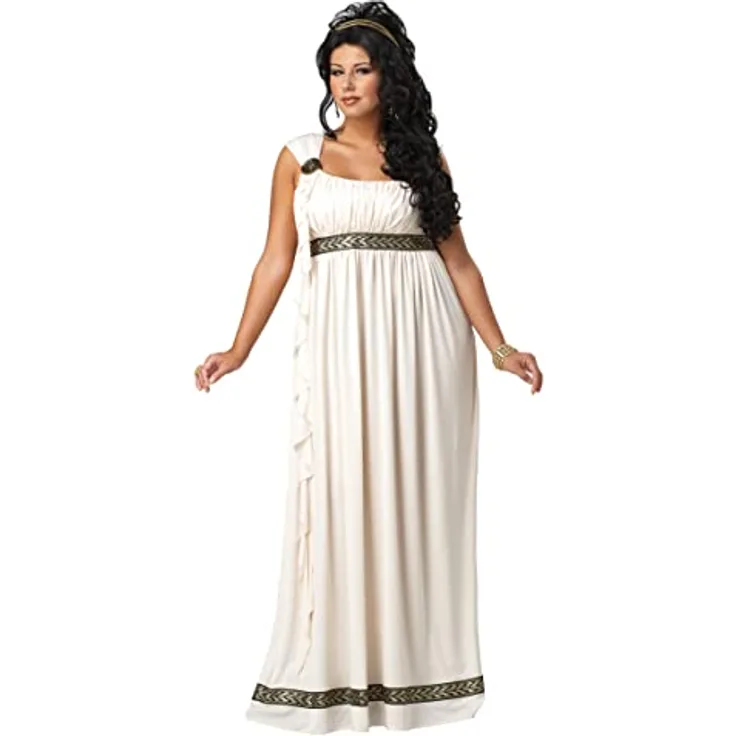 Metamorph Griechische Göttin XXL Kostüm, bodenlanges Toga-Kleid in matt-weiß mit goldglänzendem Haarband und Medaillon