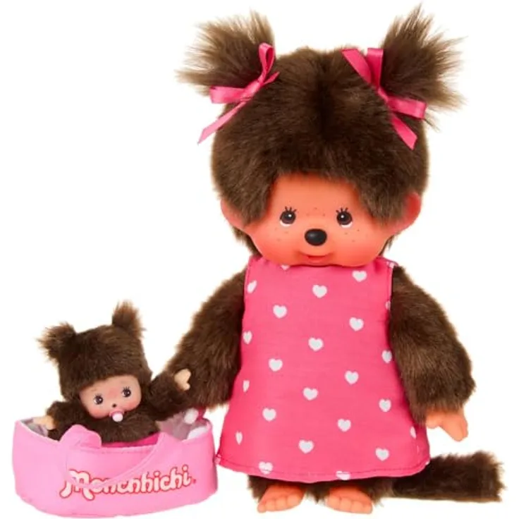 Sekiguchi Monchhichi Mutter & Kind Tragetasche, 20 cm Puppe in Geschenkverpackung mit Nuckel, braun