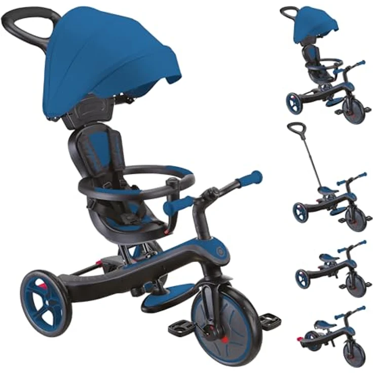 Globber Explorer Trike 4in1 Pro in Blau - Kinderfahrzeug mit höhenverstellbarem TPR-Sitz und UV-Sonnenschutzdach – Bild 1