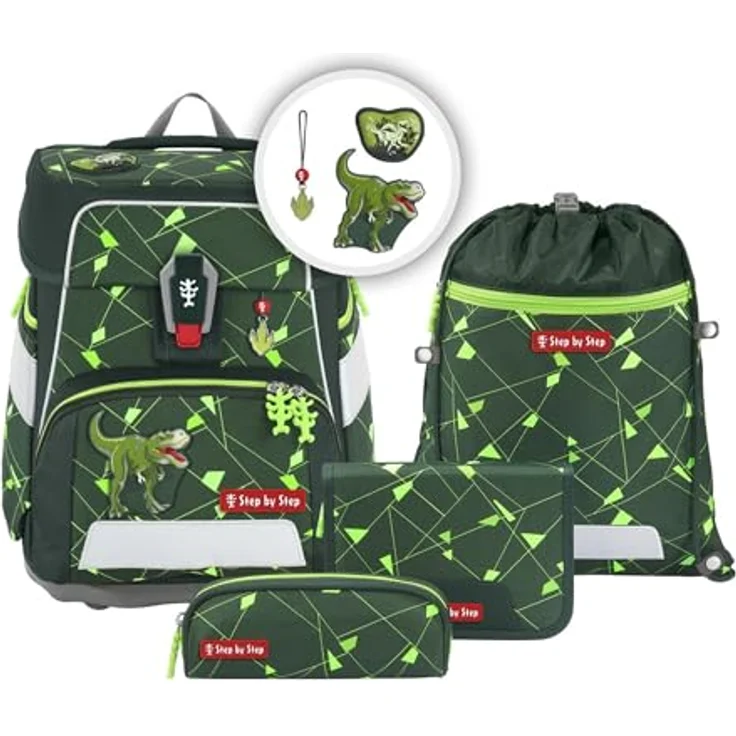 Step by Step Schulranzen-Set Space Shine Dino Night Tyro, 5-teilig, grün, ergonomischer Tornister mit Reflektoren, höhenverstellbar, Hüftgurt, 20l – Bild 1
