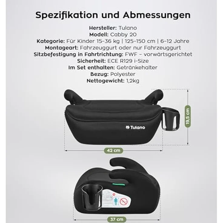 Tulano Cabby 20, Kindersitz mit ECE R129/03 i-Size-Zulassung, Schwarz, abnehmbare und waschbare Polsterung, leicht und kompakt – Bild 8